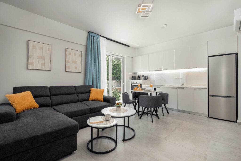 Modern living room with sofa bed in Duo Verde apartment in Kremasti Rhodes