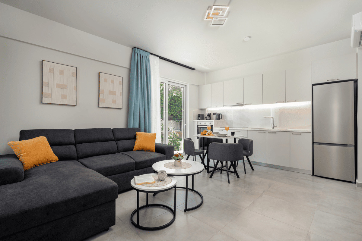 Modern living room with sofa bed in Duo Verde apartment in Kremasti Rhodes