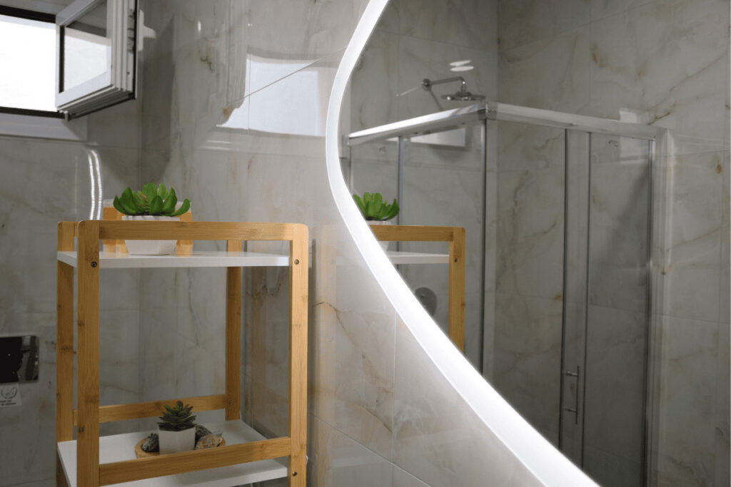 Clean bathroom with shower in Duo Verde apartment in Kremasti Rhodes