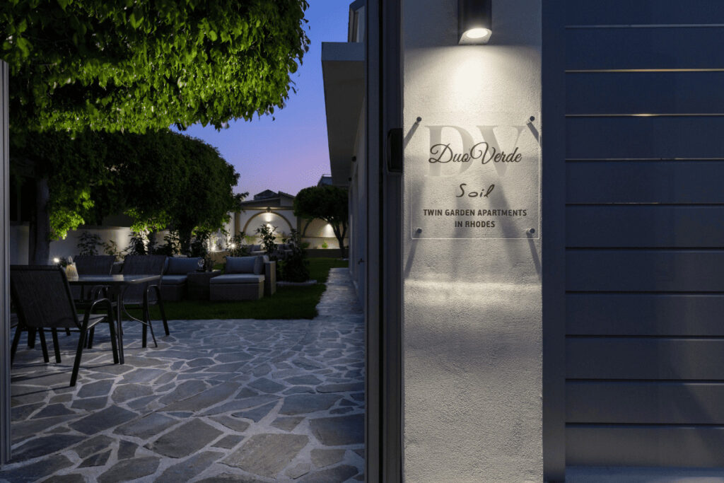 Exterior view of Duo Verde apartments with name sign in Kremasti Rhodes