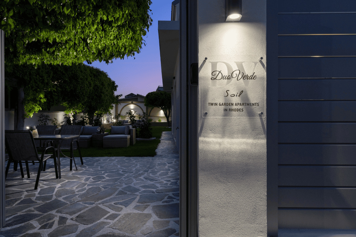 Exterior view of Duo Verde apartments with name sign in Kremasti Rhodes