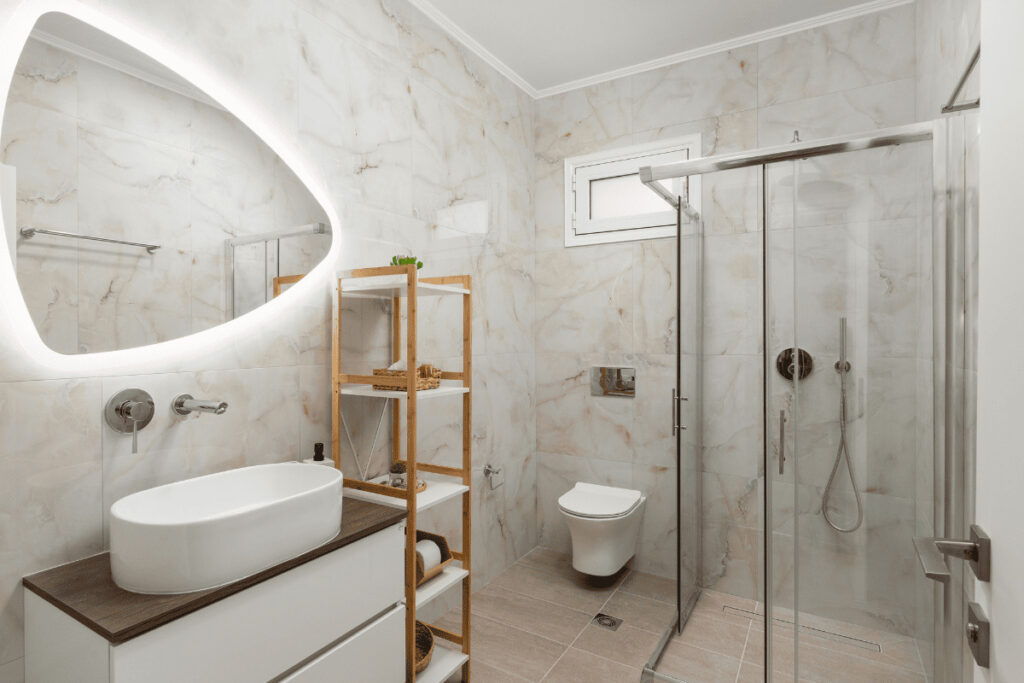 Clean bathroom with shower and modern design in Duo Verde apartment in Rhodes